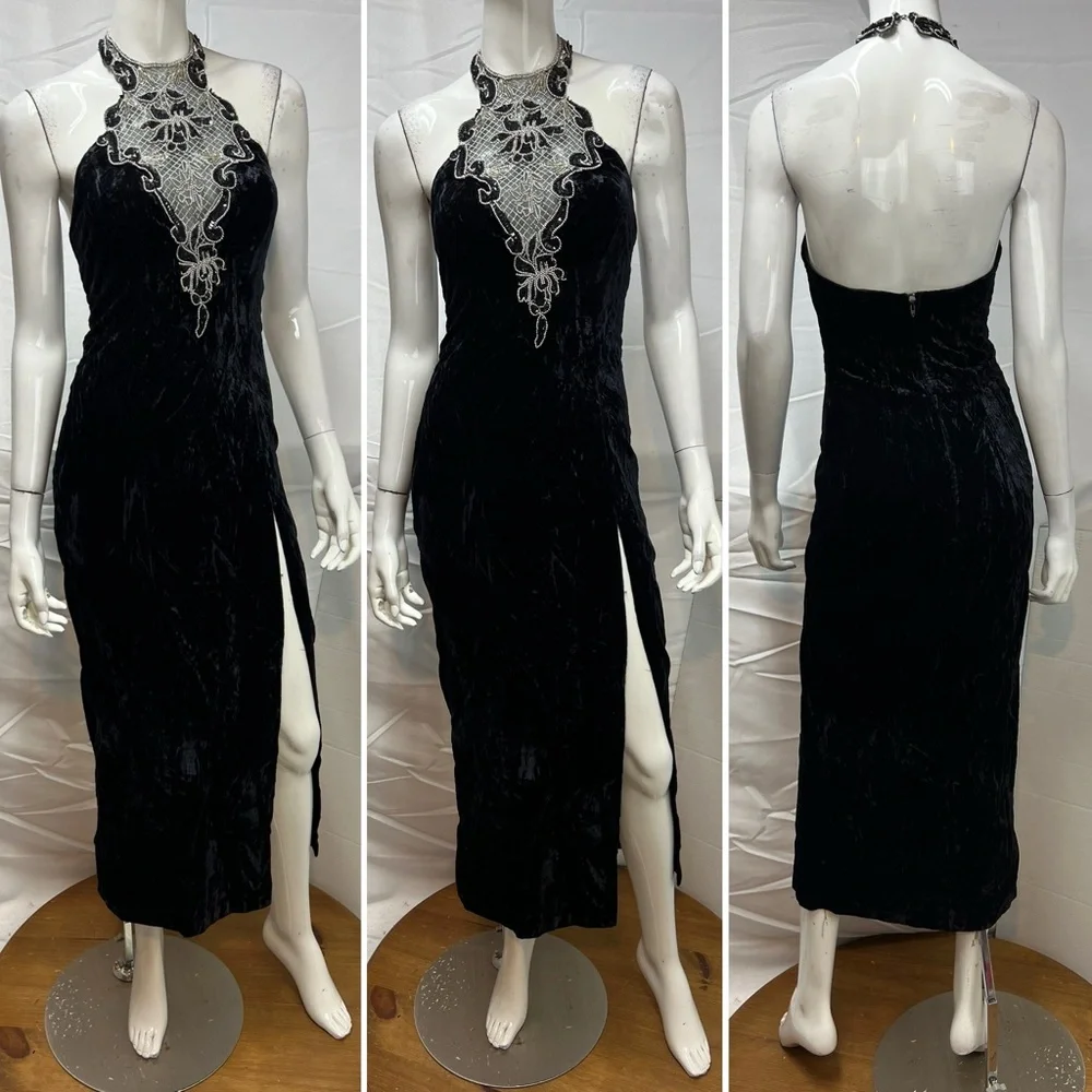Zum Zum Vintage Black Velvet 90s Sequins Silver Beaded Halter Long 5-6 Dress XS - Picture 4 of 6
